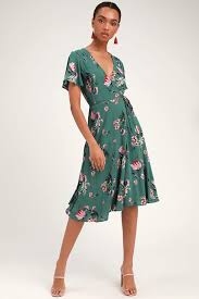 Jet Set For Sun Teal Green Tropical Print Wrap Midi Dress Floral Print Midi Dress Midi Dress Midi Ruffle Dress