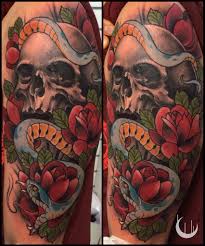 Skull Snake And Roses Tattoo By Jason James Snake Tattoo Tattoos Snake Tattoo Meaning