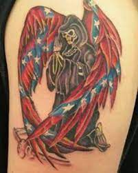 On a field of yellow, a rattlesnake is coiled on a patch of green. 22 Rebellious Confederate Flag Tattoo Design Ideas For Women And Men