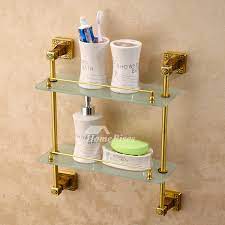 Type hotel style bathroom accessories double tier triangle wall glass corner shelf item no. Luxury Carved Wall Mounted Gold Brass Double Glass Bathroom Shelves
