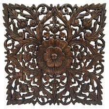 Oriental Hand Carved Wood Wall Plaques Large Square Floral Wood Wall Hangings Carved Wood Wall Decor Carved Wood Wall Art Decorative Thai Wall Relief Panel Carved Wood Wall Decor Wood