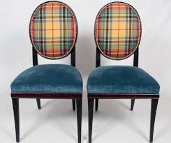 A Pair Of Side Chairs Upholstered In Diamond Baratta New London Plaid Inside Backs And Linen Velvet Seats Outsi Upholstered Chairs Tartan Chair Side Chairs