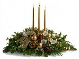 Christmas Evergreen Arrangements Gold Centerpiece Evergreen Three Candles Gold Christmas Bal Christmas Floral Christmas Flowers Christmas Flower Arrangements