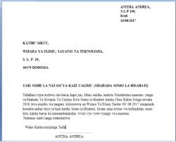 Read a candidate's response to the task. Update Barua Za Maombi Ya Kazi Kwa Kiswahili Mfano Wa Barua Ya Kiofisi