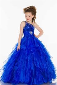 Ball One Shoulder Royal Blue Beaded Organza Ruffle Little Girl Evening Prom Dress Little Girl Pageant Dresses Flower Girl Dresses Blue Girls Ball Gown