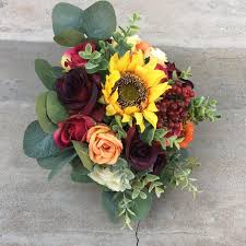This hand tied silk wedding bouquet has a lot of greenery. Sunflower Bridal Bouquet Rustic Fall Wedding Bouquet Vanrina