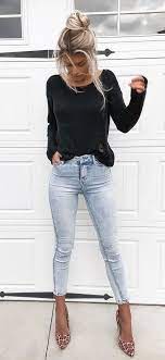 Winter Outfits Black Long Sleeve Shirt Blue Jeans Pretty Outfits Mini Dress With Sleeves Fashion