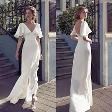 2019 V Neck Sheath Wedding Dresses Front Split Backless Bridal Dress Floor Lengt Floor Length Wedding Dress A Line Wedding Dress Lace Wedding Dress Vintage