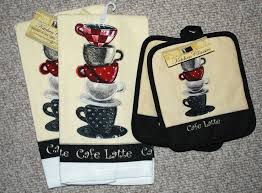 4pc Coffee Theme Kitchen Towels Set Potholders Mitt Cafe Latte Black Creamnwt Betterhomes Coffee Theme Kitchen Cafe Kitchen Decor Coffee Decor Kitchen