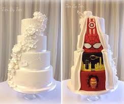 Couple Reaches The Perfect Compromise With A Superhero Wedding Cake Superhero Wedding Cake Cool Wedding Cakes Comic Book Wedding Cake