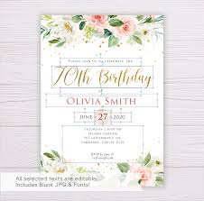 Beautiful greeting card poster with 34th happy birth. Paper Party Supplies Paper Flowers Invitations Instant Download Diy Printable Editable 70th Birthday Boho Floral Birthday Party Invitation Blush Gold F696