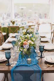 Periwinkle Blue And Ivory Vineyard Wedding At Nella Terra Cellars Blue Wedding Receptions Wedding Reception Design Wedding Reception Table Decorations