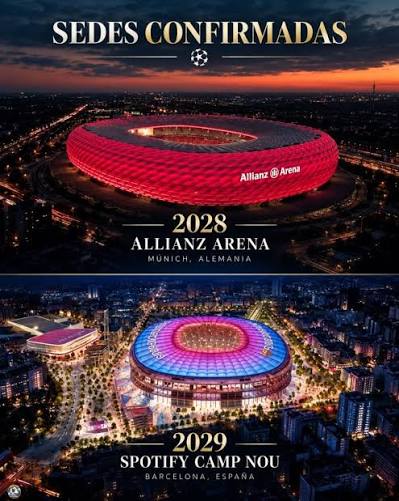 🚨🏆 LA CHAMPIONS YA TIENE CASA PARA 2028 Y 2029… UEFA confirmó los  estadios que recibirán las próximas grandes finales de la Champions League.  👀 🇩🇪 2028 — Allianz Arena, Múnich 🇪🇸