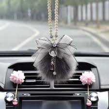 Car Mirror Charm Bling Crystal Pendant And Fur Ball Rear View Ornament Car Charms Mirror Girly Car Accessories Mirror Car Accessories