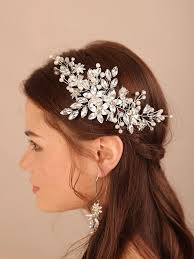 Silver Flower Hairpiece and Bridal Marquise Hoop Earrings, Wedding Met