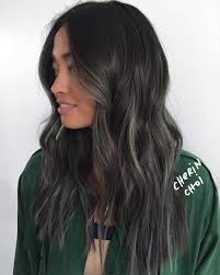 Blended Grey Highlights Will Fade To An Ashy Blonde As The Color Washes Out It S A Fun Dark Brown Hair Balayage Dark Hair With Highlights Brown Hair Balayage