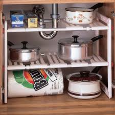 Adjustable Under The Sink Cabinet Shelf Kitchen Bathroom Pots Pan Organizer Rack Kitchen Cabinet Storage Solutions Rv Kitchen Sink Storage