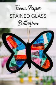 Stained glass window decorations are the perfect craft for young children. Tissue Paper Stained Glass Butterflies Live Love Simple