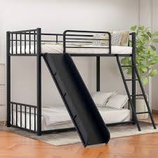 Metal Bunk Bed With Slide For Kids Toddlers Twin Over Twin Bunk Slide Bed No Box Spring Needed Black In 2020 Bunk Bed With Slide Bed With Slide Low Bunk Beds