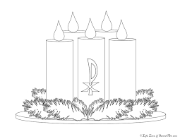 This advent coloring page shows the arrangement of four candles placed over a wreath to symbolize four virtues of life. Life Love Sacred Art Free Advent Calendar Coloring Page