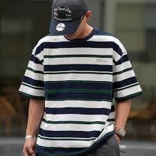 Procano日系宽松休闲纯棉t恤圆领潮流百搭条纹短袖