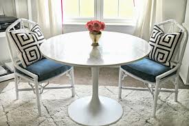 Rounded shapes of the dining table and chair makes home more comfortable and safety. Diy Faux Marble Tulip Table Shannon Claire