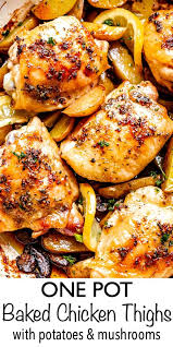 Garlic Butter Baked Chicken Thighs With Potatoes In 2020 Yummy Chicken Recipes Chicken Thigh Recipes Baked Baked Chicken Thighs