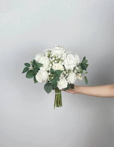 Round Bridal Bouquet in White & Greenery|Baby's Breath Wedding Bouquet – MerciGarden