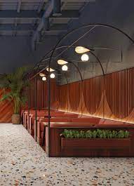 Za Za Uses Funky Terrazzo Surfaces In Interior Design For Restaurant In Kiev Restaurant Interior Design Restaurant Booth Seating Cafe Interior Design