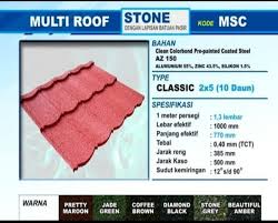 Per lembar terdiri dari 10 daun seperti genteng (2×5) dengan dimensi total lebar 1.000 mm, panjang 770 mm dan berat 5,38 kg/lembar. Genteng Metal Pasir Multi Roof 2x5 X 0 40mm Genteng Atap Pasir Lebaran