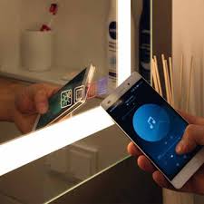 An illuminated frame of high output led lighting that shines inside a Multifunctional Lighted Bathroom Mirror With Sound System And 2700 4000k Led S By Hafele Kitchensource Com