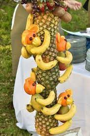 For the monkeys, shelly assembled the head (made of an orange, orange slice ears, lemon mouth, radish slice and 1. Monkeys Climbing Palm Tree Fruit Carving Fruit Salad Yummy Yummy Fruit Display