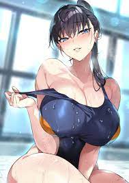 senri gan, toudou akira (shuumatsu no harem), shuumatsu no harem, black  legwear, absurdres, commentary request, highres, second-party source,  1girl, arm between legs, black hair, black one-piece swimsuit, blue eyes,  breasts, cleavage, clothes