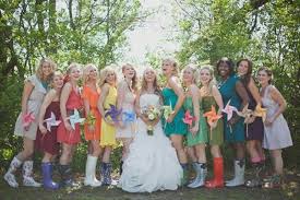 The Rain Boots On A Sunny Day Ruin It Trashy Rainbow Bridesmaids Rainbow Bridesmaid Dresses Diy Backyard Wedding