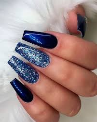 Black And Blue Ombre Stiletto Nails Cute Navy Blue Coffin Nails With Glitter Coffinnails Glitternails Navynails Blue Glitter Nails Blue Acrylic Nails Navy Blue Nails