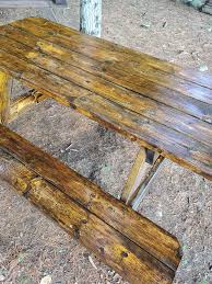 Dark Walnut Stain On Old Wood Picnic Table In 2020 Wood Protection Staining Wood Dark Walnut Stain