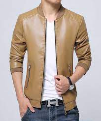 Khaki Simply Plain Long Sleeve Zip Jacket 1225 Leather Jacket Men Mens Outfits Casual Leather Jacket
