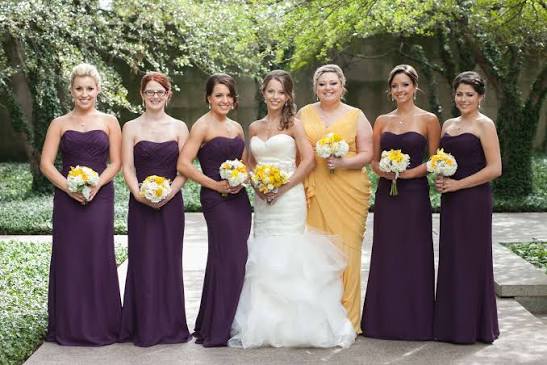 mustard and plum contrast pairing bridesmaid dresses