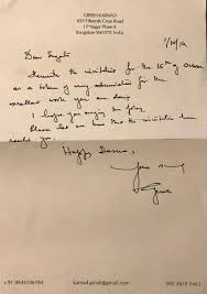 Uzivatel Sugata Srinivasaraju Na Twitteru Girishkarnad Always Wrote Letters In Fountain Pen And Long Hand To Me He Wrote In English And To My Father In Kannada Here S A Letter From October