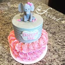 Baby Shower Cake With Adorable Fondant Elephant On Top Pink Rosettes And Grey Buttercream Elephant Baby Shower Cake Baby Shower Cakes Girl Baby Shower Cakes