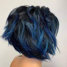 A black short bob with dark blue highlights that look unobtrusive and calming a black layered long bob with blue highlights and ends for a touch of rock Pin By Katrin Daecher On Chasitys Short Hair Balayage Short Hair Highlights Blue Hair Highlights