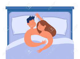 Feliz Pareja De Dibujos Animados Abrazándose En La Cama Juntos Después Del  Sexo. Escena Íntima Con Hombre Y Mujer En El Dormitorio, Ilustración  Vectorial Plana De Actividad Sexual. Amor, Romance, Concepto De