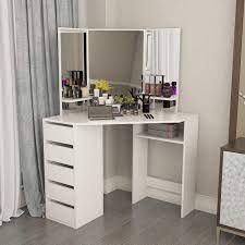 Online shopping for dressing tables from a great selection at home & kitchen store. Lepak White Corner Dressing Table Makeup Desk With 5 Drawers And 3 Mirrors Makeup Vanity Table For Girls Bedroom Storage Furniture Amazon Co Uk Kitchen Home
