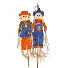 This set of 2 fall scarecrow picks is madethis set of 2 fall scarecrow picks is made of fabric and straw on a bamboo stick. Tuin En Terras New Outdoor Fall Decorative Girl Boy Scarecrow On Bamboo Pole 80 In Set Of 2 Luxclusif Com