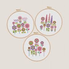 flower cross stitch pattern set of 3 floral cross stitch modern colorful embroidery chart decor wall art funny and easy printable pdf