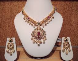 Gold Short Stone Necklace With Earrings South India Jewels Gold Jewelry Fashion Jewelry Design Necklace Bridal Gold Jewellery