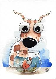 Aceo Original Watercolor Whimsical Animal Painting Art Puppy Dog Coffee Cup Animal Paintings Cute Paintings Funny Art