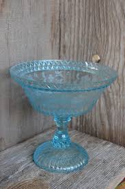 Vintage Glass Pedestal Bowl Dish Embossed With Diamond And Floral Design Aqua Turquoise Teal Blue Fruit Compote Bowl Pedestal Bowl Blue Fruits Bowl Glass
