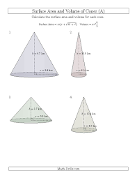 Volume And Surface Area Of Cones One Decimal Place A Measurement Worksheet One Decimal Place Decimals Free Math