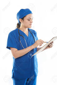 intern girl doctor reading patient chart on white background